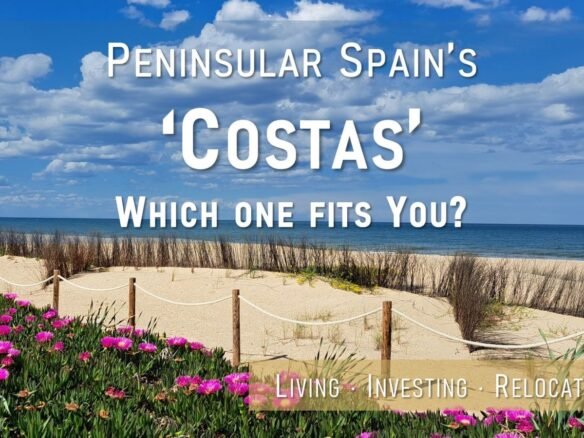 Scenic Mediterranean sandy beach with dunes, pink flowers, and a clear blue sky, highlighting options for living, investing, and relocating.