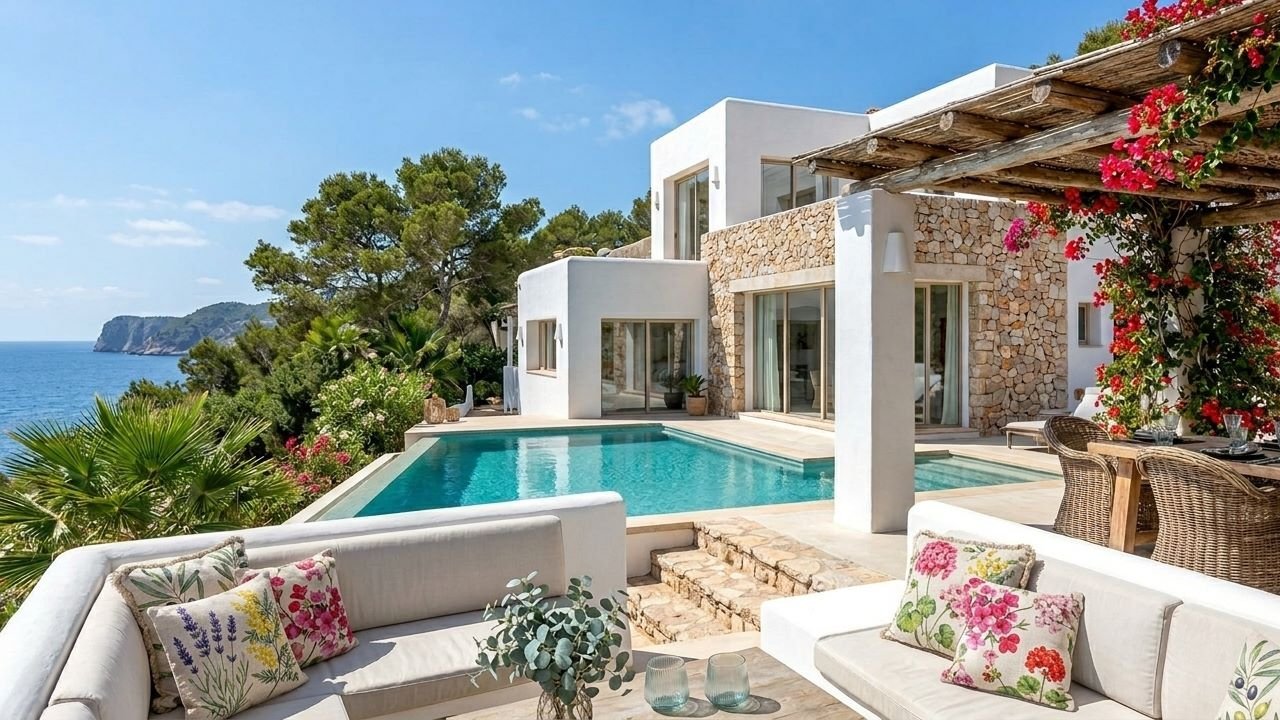 Villa méditerranéenne de luxe en bord de mer avec piscine à débordement et vue panoramique sur la mer sur la Costa Blanca, entre Marina Alta et Marina Baja.