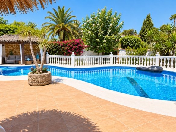 Private swimming pool surrounded by palm trees and mature Mediterranean planting at a villa in Balcón al Mar, Jávea.