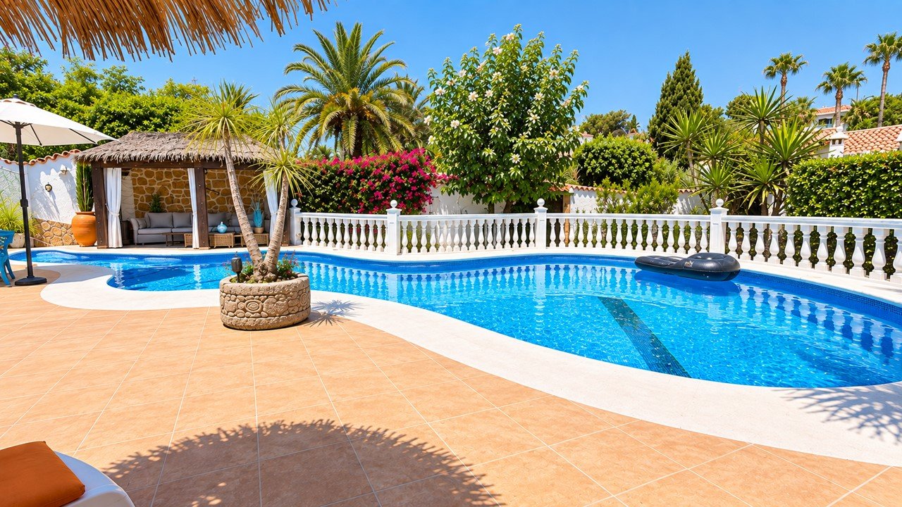 Private swimming pool surrounded by palm trees and mature Mediterranean planting at a villa in Balcón al Mar, Jávea.