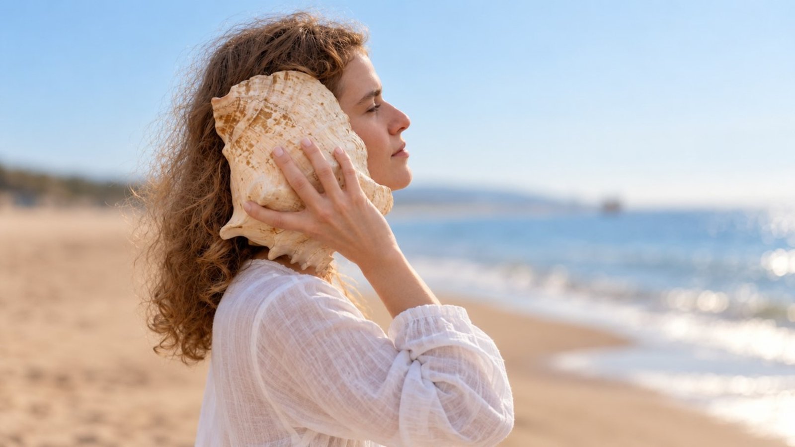 Woman holding a seashell to her ear on a sunny beach