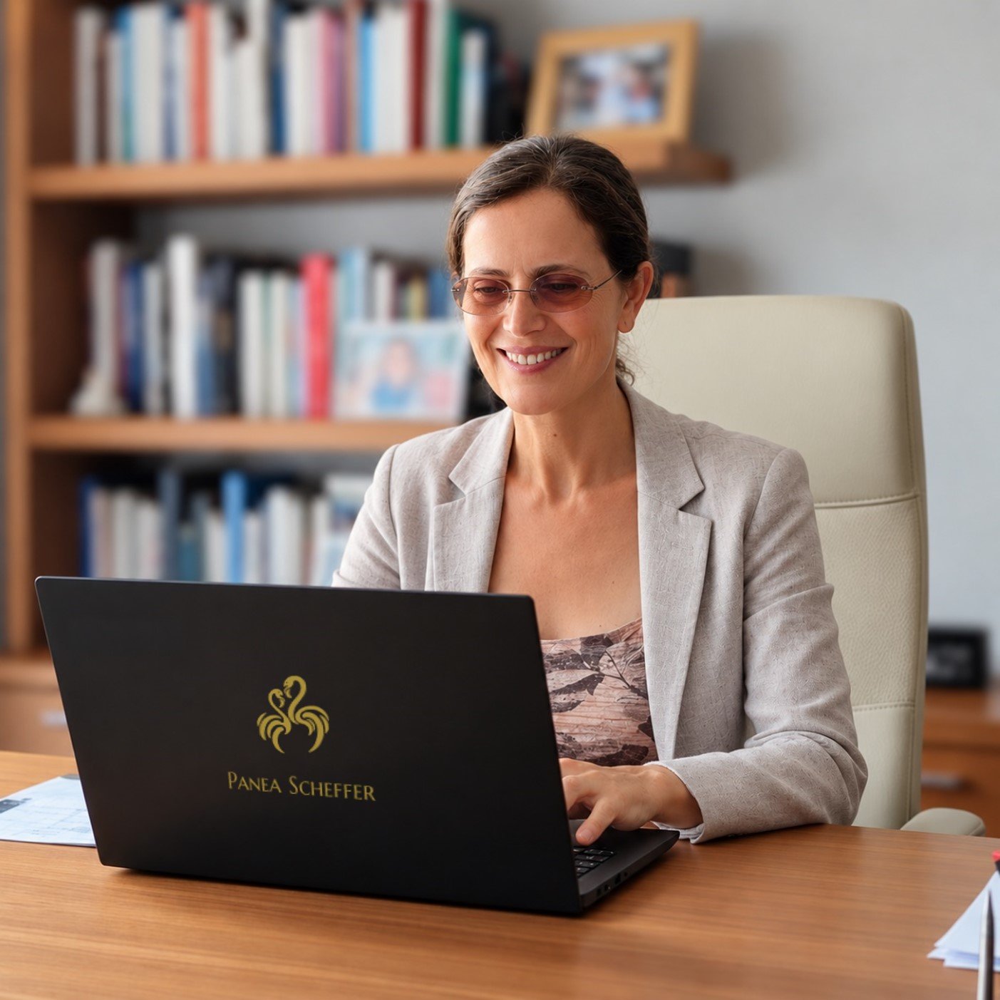 Magdalena Panea Scheffer, founder of Panea Scheffer, working at her laptop in her office